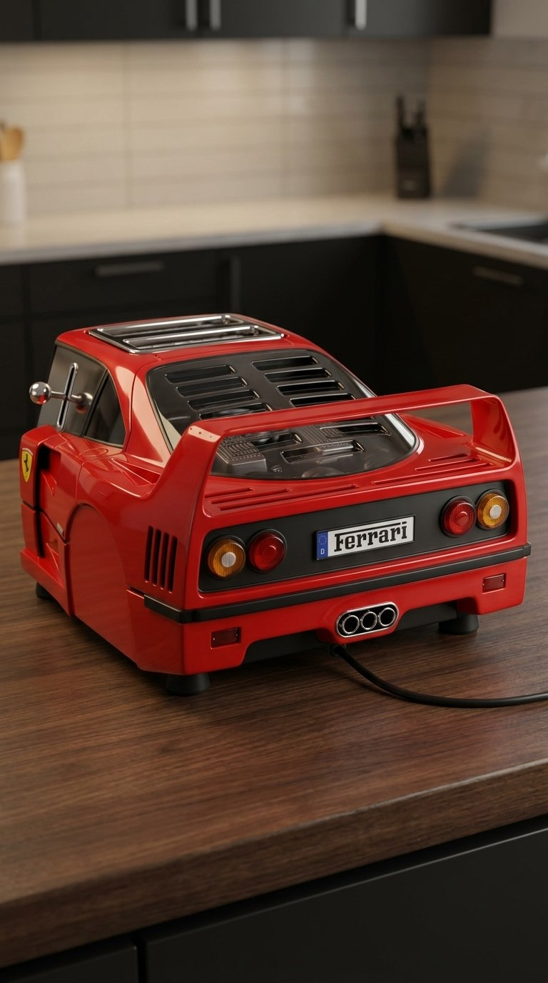 SpeedToast rosso in stile Ferrari F40 con alettone posteriore, fari tondi e scarichi centrali su piano cucina