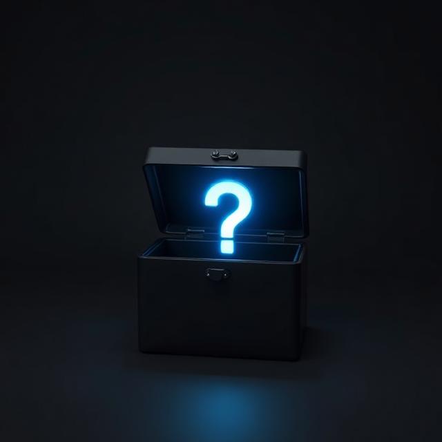 Piccola scatola nera aperta con punto interrogativo blu luminoso